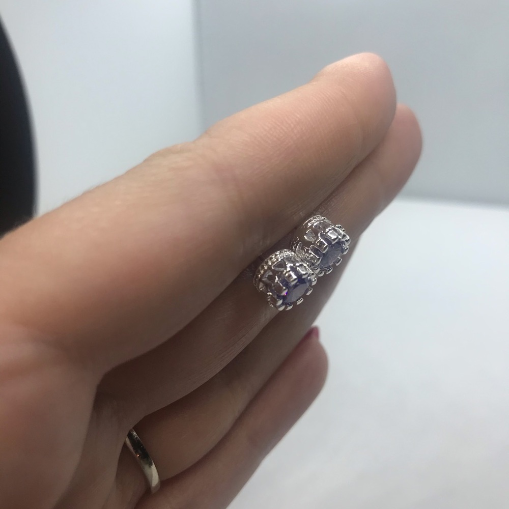 Sterling Silver 925 Purple CZ Stud Earrings - Picture 4 of 5